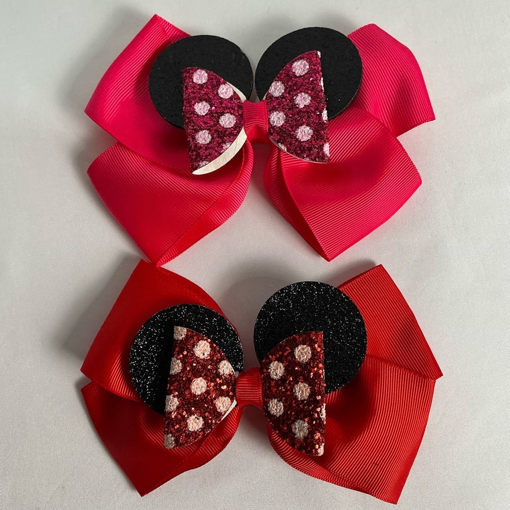 2 Mickey Mouse Ears Red and White Polka Dot Hair Bows